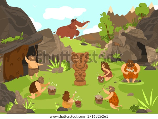 Primitive people prehistoric cartoon vector illustration before cave and totem animal, ancient cavemen in stone age with mammoth, weapon, tools. Primitive people serving gods, hunting.