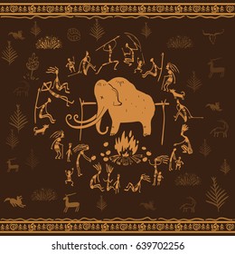 Primitive people prepare a mammoth at the stake. Vector. Seamless pattern on a brown background