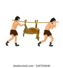 La gente primitiva regresa de la caza con presa. Ilustración de vectores aislada en fondo blanco
