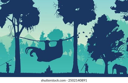 Primitive people roast a mammoth at the stake. . Beautiful landscape. Vector