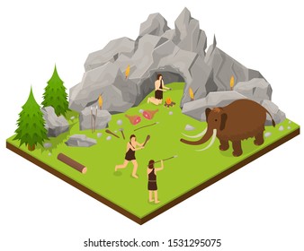 Primitive People Scene Concept 3d Isometric View Include of Neanderthal Hunter, Cave, Fire and Weapon. Vector illustration
