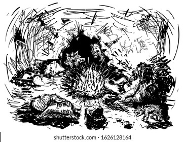 Primitive people sleep in a cave. Living conditions of ancient people. A fire burns in the cave, in the light of which sleeping people and a dog are visible, which warns of the approach of predators.