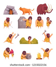Primitive people  in stone age cartoon icons set with cavemen pelt with weapon and ancient animals isolated vector illustration