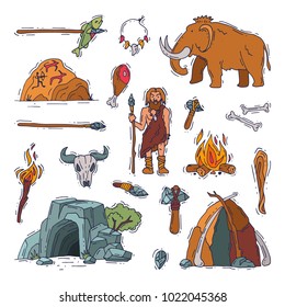 Primitive people vector primeval neanderthal character and ancient caveman fire in stone age cave illustration prehistoric man with stoned weapon and mammoth set isolated on white background