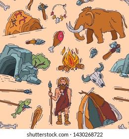 Primitive people vector primeval neanderthal character and ancient caveman fire in stone age cave illustration prehistoric man with stoned weapon and mammoth