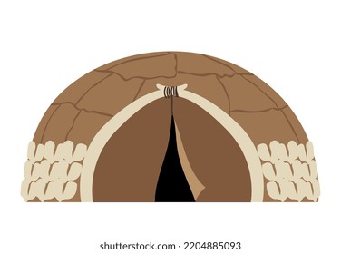 Primitive peoples home. Leather yurt for protection from cold and wind, easy construction from improvised materials. Paleontology, archeology and history, BC. Cartoon flat vector illustration