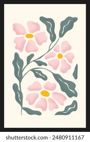 Primitive pink flowers and wriggling green leaves with grainy texture in Matisse style. Trendy floral template for interior decoration, banner, cover, print.