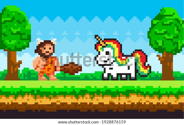 Primitive pixel man dressed in clothes made of animal skin and holding cudgel with unicorn. Caveman with baton meeting with pixelated pony. Character in forest nature landscape. Color pixel game scene
