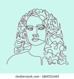 Primitive portrait of a girl with curly hairstyle made with inseparable lines of black and pink colors on bluish background