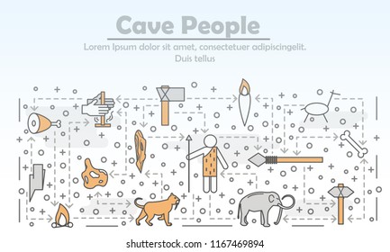 Primitive prehistoric cave people advertising poster banner template. Caveman, stone tools, mammoth, torch etc. Vector thin line art flat style design elements for website banner and printed materials