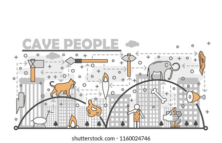 Primitive prehistoric cave people poster banner template. Caveman, stone tools, mammoth, bonfire, torch etc. Vector thin line art flat style design elements for website banner and printed materials.