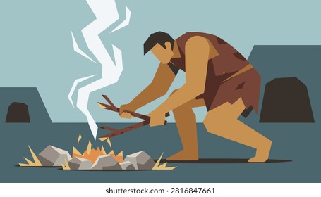 Primitive prehistoric caveman in fur tunic starting fire using wooden sticks near cave entrance in ancient times.