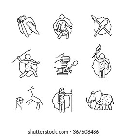 Primitive prehistoric caveman ice age signs set  Thin line art icons  Linear style illustrations isolated white 