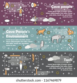Primitive prehistoric cavemen vector web banner template set. Cave people, Cave peoples environment, Tools concept thin line art flat style design elements.