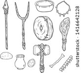 Primitive prehistoric man tool kit. stone axe, wooden baton for hunting animals, the invention of wheel, a necklace of bones and teeth hand-drawn. Black and white coloring illustration