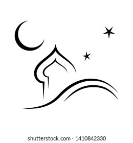 Primitive of ramadan concept with mosque under moon and star on white