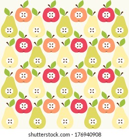 Primitive retro background with apples and pears with seed and green leaf