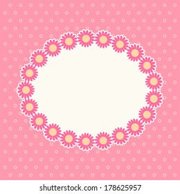 Primitive retro frame with pink daisies on polka dot background