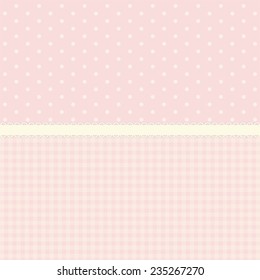 Primitive retro pattern with polka dots ,gingham and lace ribbon ideal for baby shower
