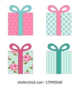 Primitive retro present boxes as applique of scrap booking paper for birthday or baby shower invitation