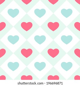 Primitive retro seamless background with hearts in square cells as tiles ideal for baby shower, wedding or valentines day