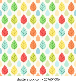 Primitive retro seamless background with tree leaves and rain drops