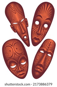 Primitive ritual masks. Design set. Editable hand drawn illustration. Vector vintage engraving. 8 EPS