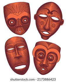 Primitive rituelle Masken. Design-Set. Bearbeitbare handgezeichnete Illustration. Vektor Vintage Gravur. 8 EPS