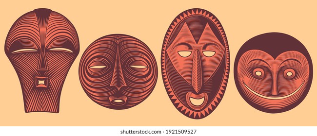 Primitive ritual masks of savages. Design set. Art detailed editable illustration. Vector vintage engraving. Isolated on light background. 8 EPS