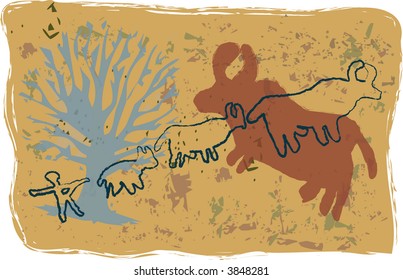 Primitive, rock-art style vector illustration of ox hunt.