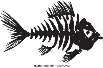 primitive, rough image of fish skeleton in black on a white background