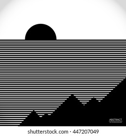 Primitive schematic landscape. Conceptual background, with mountains. A minimalistic composition of the mountains at sunset.