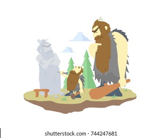 Primitive sculptor and his client discussing his work, cartoon vector illustration isolated on white background.