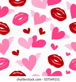 Primitive seamless retro pattern with different lips and hearts