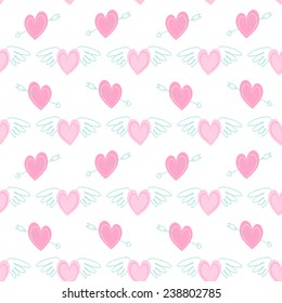 Primitive seamless retro pattern with hearts, arrows and wings, ideal as Valentine's background