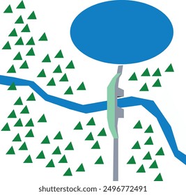 A primitive semblance of a map of the area, where there is a bridge, a river, a lake and triangular trees.
