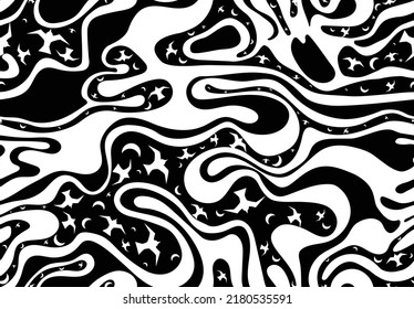 Primitive shamanic seamless pattern of birds, moons, and rivers.