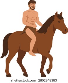 primitive shirtless man riding a brown horse walking forward