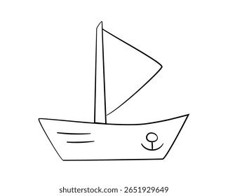 Primitive Sketch of Child Boat. Black and white outline Drawing of Sailboat in minimalist style. Hand drawn of yacht with Sails and Anchor, marine kid theme. Linear Ship. Isolated. Vector illustration