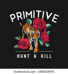 primitive slogan with tiger and red roses on black background