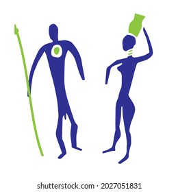 Primitive standing man with a spear and woman with pot. Rock painting style. Vector hand drawn illustration isolated on white background. Image of cave people everyday life. Paleolithic Adam and Eve.