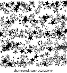 Primitive Stars. Doodle Background with Stars. Black and White Starry Stripes in Simple Style. Childish Background for Print, Decoration or Card. Cute Doodle Pattern