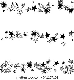 Primitive Stars. Doodle Background with Stars. Black and White Starry Stripes in Simple Style. Childish Background for Print, Decoration or Card. Cute Doodle Pattern