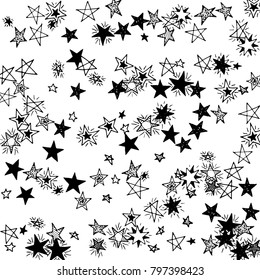 Primitive Stars. Doodle Background with Stars. Black and White Starry Stripes in Simple Style. Childish Background for Print, Decoration or Card. Cute Doodle Pattern
