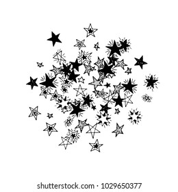 Primitive Stars. Doodle Background in Childish Style. Cute Scribbled Drawing. Simple Pattern with Hand Drawn Stars for Print, Decoration, Card or Poster. Trendy Black and White Background
