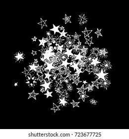 Primitive Stars. Doodle Background in Childish Style. Cute Scribbled Drawing. Simple Pattern with Hand Drawn Stars for Print, Decoration, Card or Poster. Trendy Black and White Background