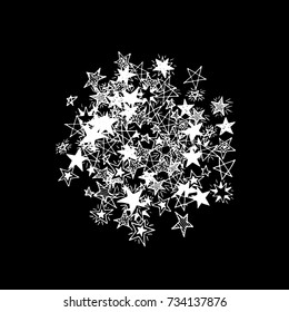 Primitive Stars. Doodle Background in Childish Style. Cute Scribbled Drawing. Simple Pattern with Hand Drawn Stars for Print, Decoration, Card or Poster. Trendy Black and White Background