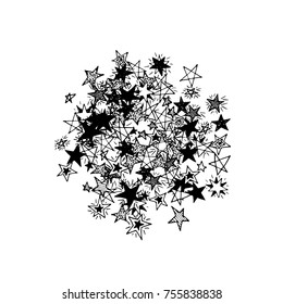 Primitive Stars. Doodle Background in Childish Style. Cute Scribbled Drawing. Simple Pattern with Hand Drawn Stars for Print, Decoration, Card or Poster. Trendy Black and White Background