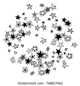 Primitive Stars. Doodle Background in Childish Style. Cute Scribbled Drawing. Simple Pattern with Hand Drawn Stars for Print, Decoration, Card or Poster. Trendy Black and White Background