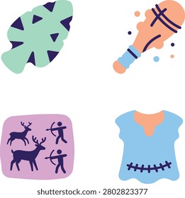 Primitive Stone Age Icon Set Featuring Spearhead Club and Cave Art